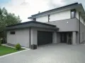 Nowoczesny dom z szarymi i białymi akcentami. Elewacja zewnętrzna w odcieniach szarości i bieli, z ciemnym dachem i bramą garażową.