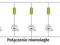 Schemat połączenia równoległego pięciu diod LED z rezystorami. Każda dioda świeci niezależnie.