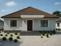 Nowy dom w stanie surowym otwartym, z brązowym dachem i jasnoszarą elewacją. Przed wejściem schody i zadbany ogród.