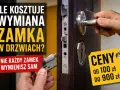 Wymiana zamka w drzwiach. Dwie dłonie trzymają nowy zamek i klamkę, obok żółta metka z cenami.