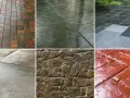 Różne nawierzchnie: kolorowa kostka, ciemne płyty, szare płytki, beton, kamień i czerwona cegła – wszystkie wyglądają jak po deszczu, tworząc efekt mokrej kostki.