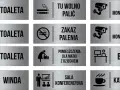 Zestaw oznaczeń toalet, wind, biura, kawiarni i innych pomieszczeń.
