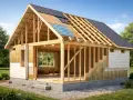 Budowa domu z dachem dwuspadowym 200m2. Widoczna konstrukcja drewniana, izolacja ścian i częściowe pokrycie dachu.
