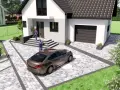 Nowoczesny projekt kostki brukowej wokół domu z podjazdem dla samochodu i schodami.