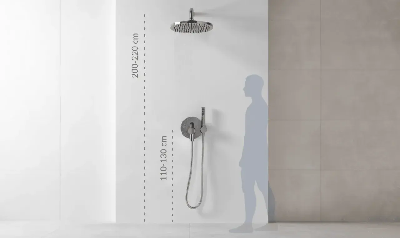 Instrukcja montażu baterii prysznicowej: wysokość deszczownicy 200-220 cm, baterii 110-130 cm.