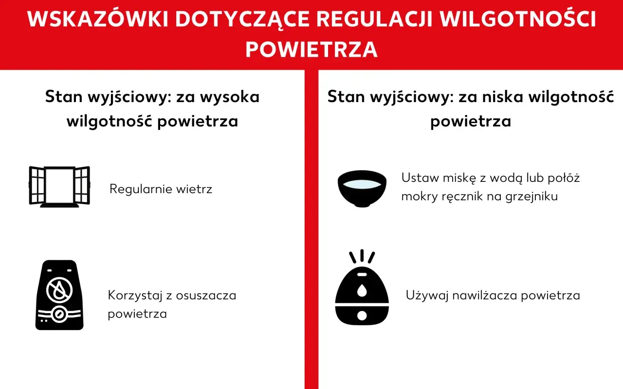 Porady jak regulować jaka wilgotność w domu: wietrz przy za wysokiej, użyj nawilżacza przy za niskiej.