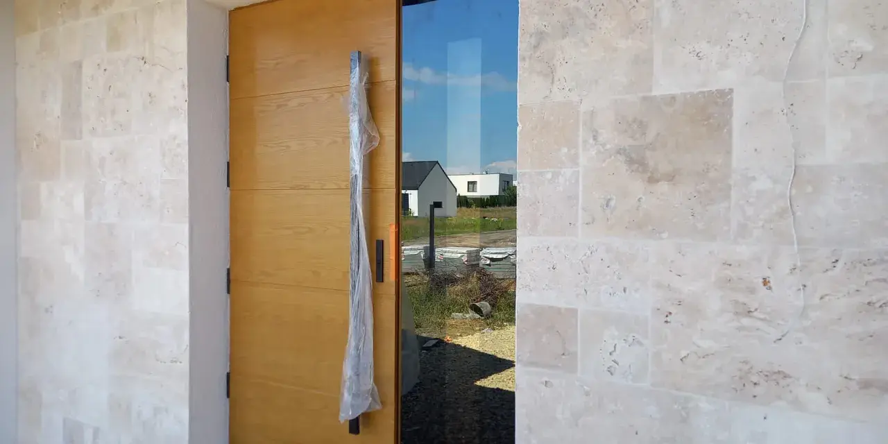 Elegancka fasada z trawertynu otacza nowoczesne, drewniane drzwi z bocznym przeszkleniem.