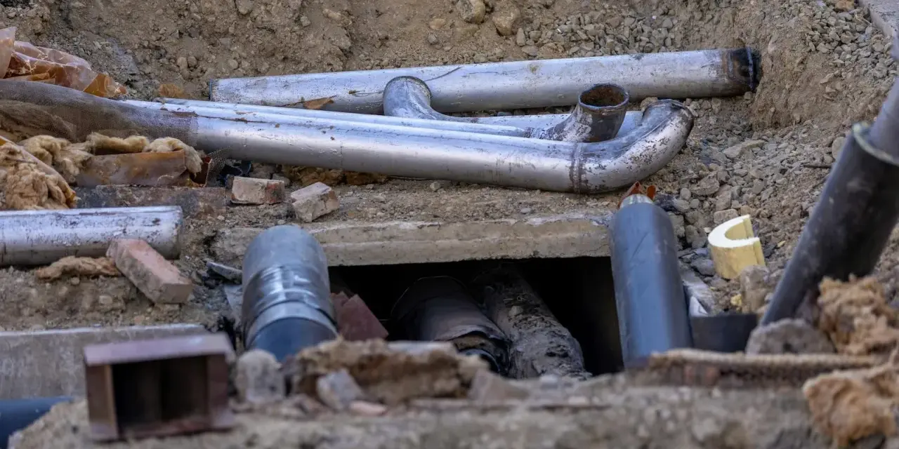 Metalowe rury tworzą skomplikowane przyłącze kanalizacyjne w wykopie. Widać fragmenty izolacji i gruzu.