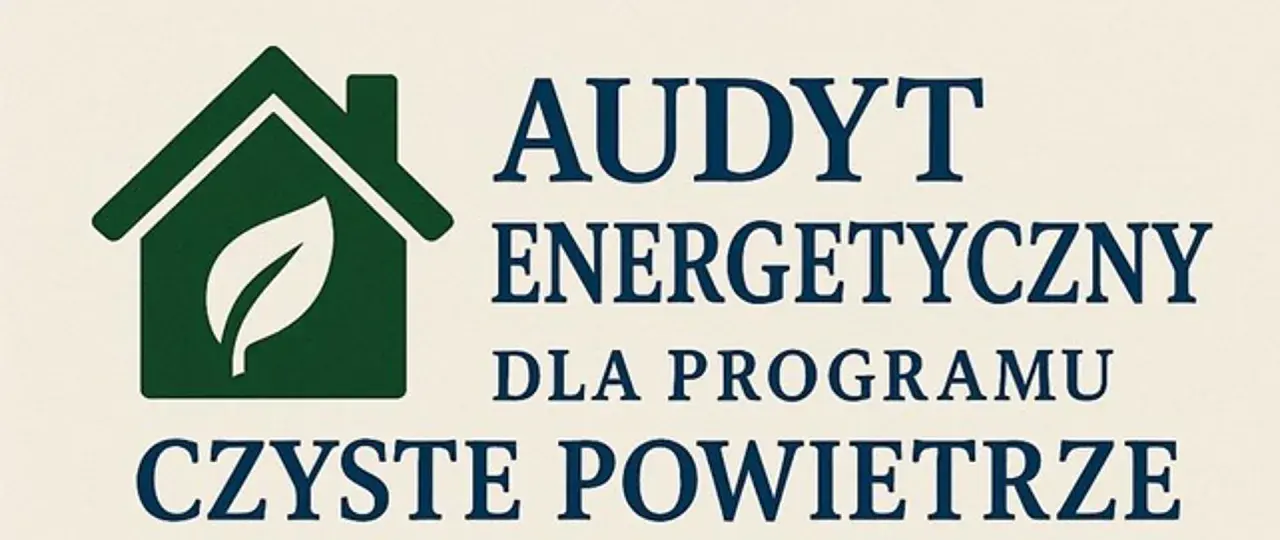 Zielony dom z liściem symbolizuje audyt energetyczny dla programu Czyste Powietrze.