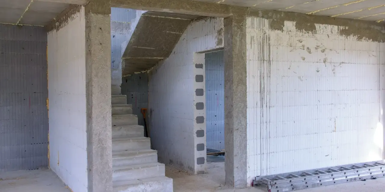 Wnętrze budowy z betonowymi schodami i otwartym przejściem. Idealny jaki otwór pod drzwi 80, by pomieścić standardowe drzwi.
