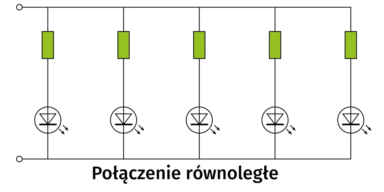 Schemat połączenia równoległego pięciu diod LED z rezystorami. Każda dioda świeci niezależnie.