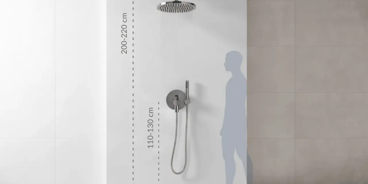 Instrukcja montażu baterii prysznicowej: wysokość deszczownicy 200-220 cm, baterii 110-130 cm.
