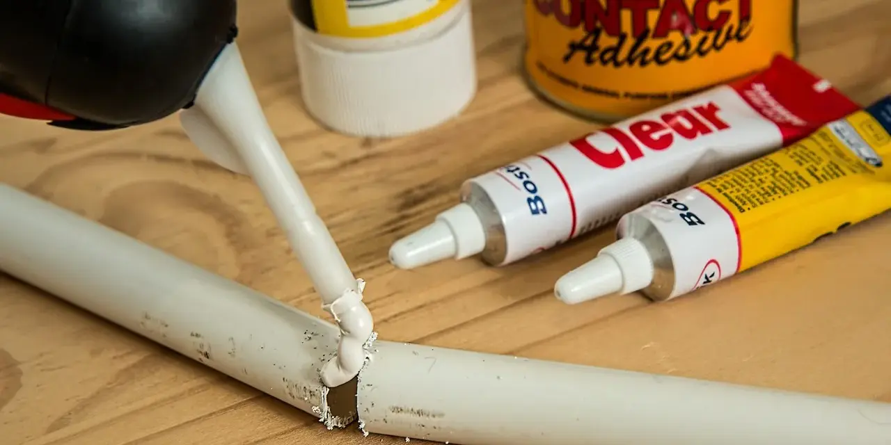 Aplikacja kleju butapren na pękniętą białą rurkę. W tle tubki z klejem i puszka "Contact Adhesive".