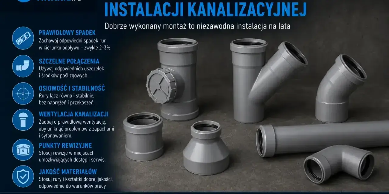 Elementy instalacji kanalizacyjnej z PVC: rury, kolanka, trójniki i rewizje. Poradnik montażu.