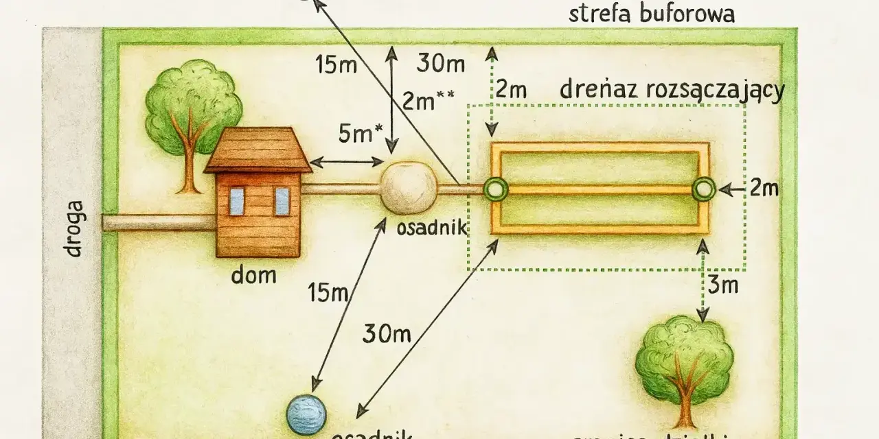 Schemat rozmieszczenia elementów oczyszczalni ścieków na działce. Pokazuje dom, studnię, osadnik i drenaż rozsączający, uwzględniając odległości kluczowe dla kosztu budowy oczyszczalni ścieków.