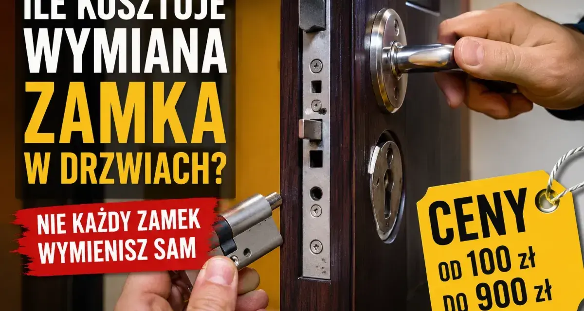 Wymiana zamka w drzwiach. Dwie dłonie trzymają nowy zamek i klamkę, obok żółta metka z cenami.