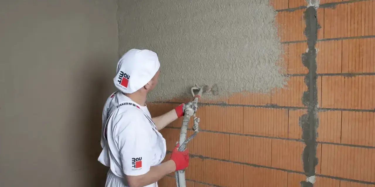 Pracownik w białym stroju nakłada tynki cementowo wapienne na ścianę z pustaków ceramicznych za pomocą agregatu tynkarskiego.
