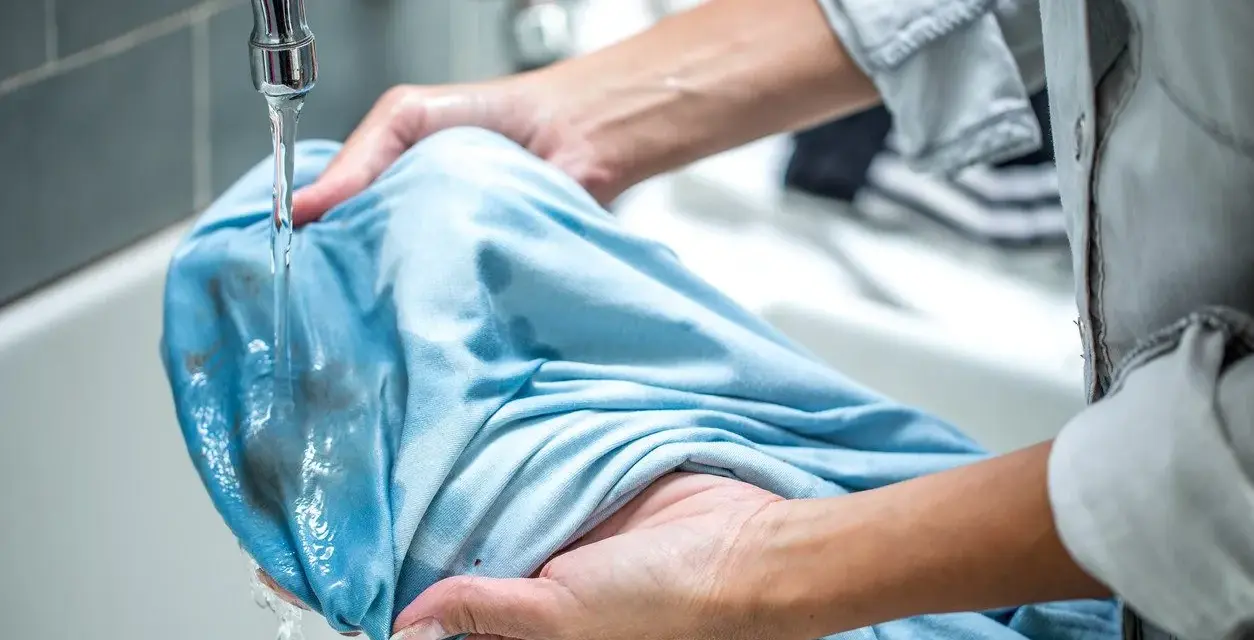 Ręce płuczą niebieską koszulkę pod bieżącą wodą, próbując usunąć plamy. Zastanawiasz się, czym zmyć farbę z ubrań?