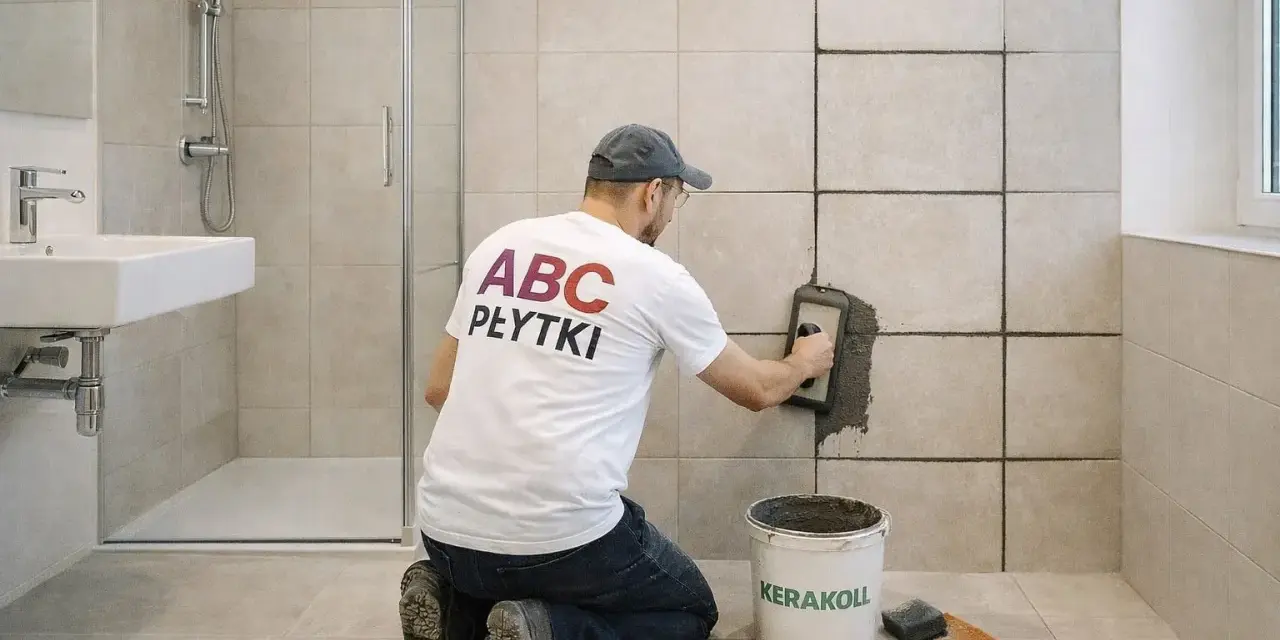 Fachowiec nakłada fugę na płytki w łazience. Obok stoi wiadro z zaprawą i gąbka.