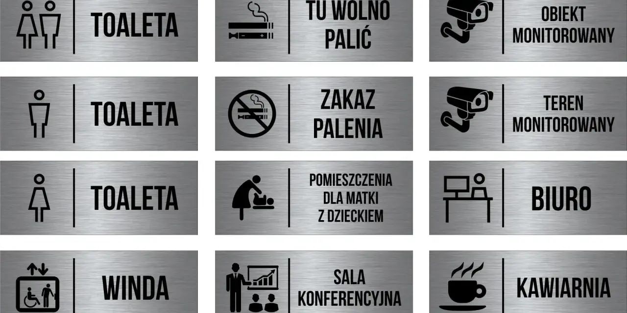 Zestaw oznaczeń toalet, wind, biura, kawiarni i innych pomieszczeń.