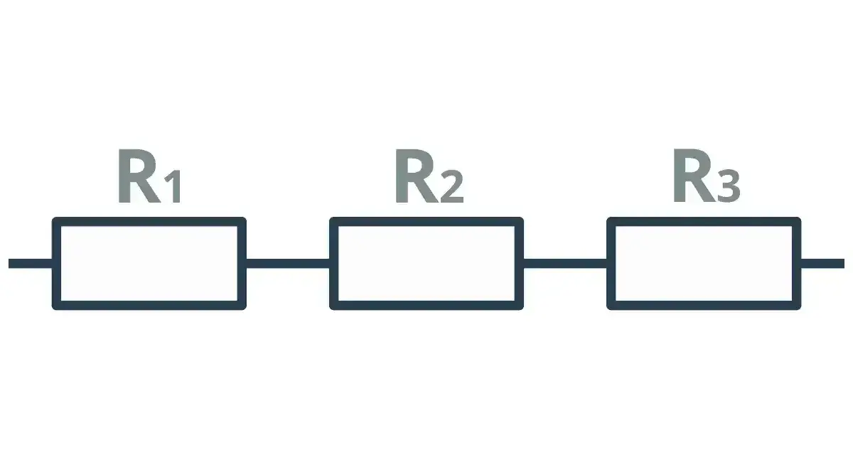Schemat obwodu elektrycznego z trzema rezystorami R1, R2, R3 połączonymi szeregowo.