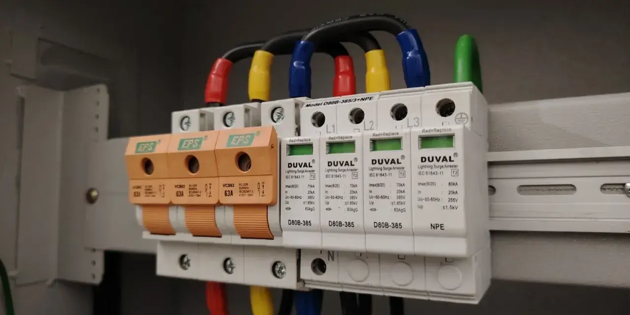 W skrzynce elektrycznej zamontowano przepięciówkę chroniącą instalację przed wyładowaniami atmosferycznymi.