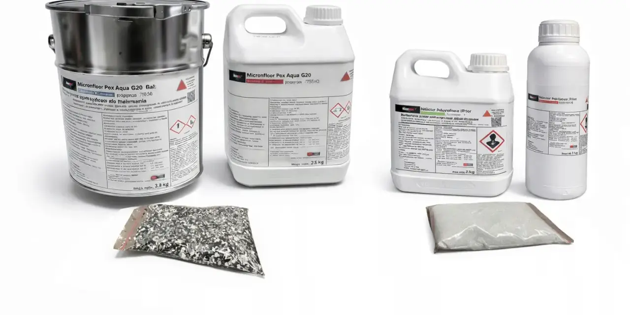 Zestaw produktów do podłóg: duży metalowy pojemnik, dwie plastikowe bańki i dwie paczki z materiałami sypkimi. To wszystko to wysokiej jakości żywica.