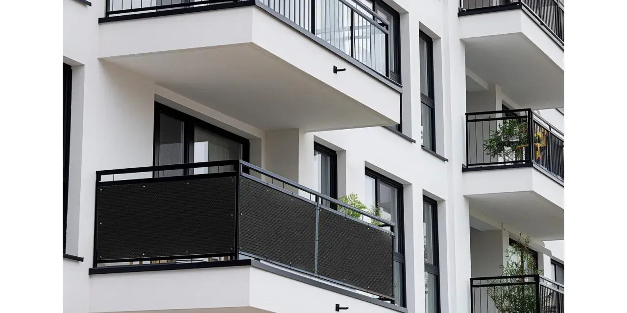 Ciemna osłona na balustradę balkonu, idealna, by zapewnić prywatność i ochronę przed wiatrem.