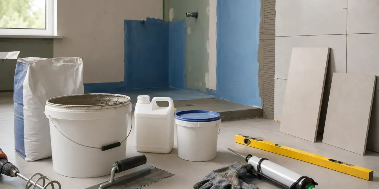 Materiały budowlane do łazienki: zaprawa, wiadra, kielnia, rękawice, paca, pistolet do silikonu, poziomica. Poznaj koszt wylewki samopoziomującej.