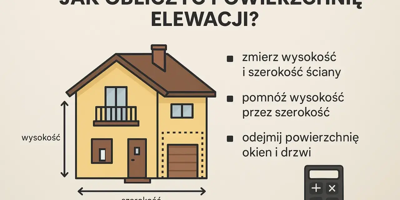 Obliczanie powierzchni elewacji: zmierz wysokość i szerokość, pomnóż, odejmij okna/drzwi. Pomocne przy ustalaniu elewacja cena za m2 robocizna.