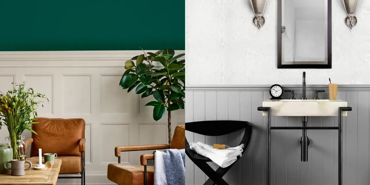 Elegancka lamperia angielska w salonie i łazience. W salonie skórzany fotel i rośliny, w łazience lustro i umywalka.