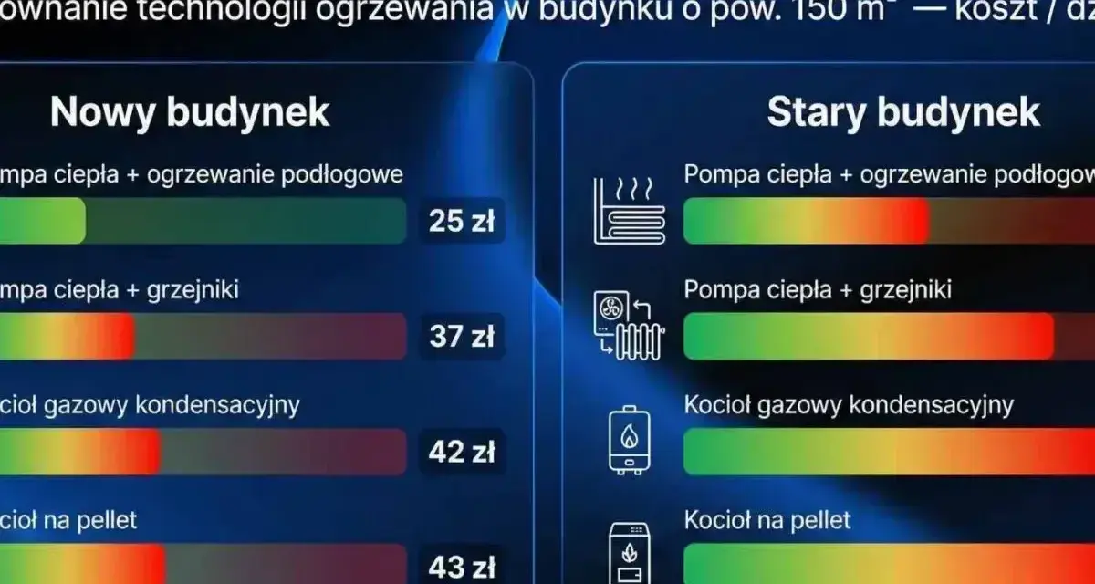 Porównanie kosztów ogrzewania gazowego i innych technologii dla domu 150 m² przy -10°C. Kocioł gazowy kondensacyjny to 42 zł/dzień.