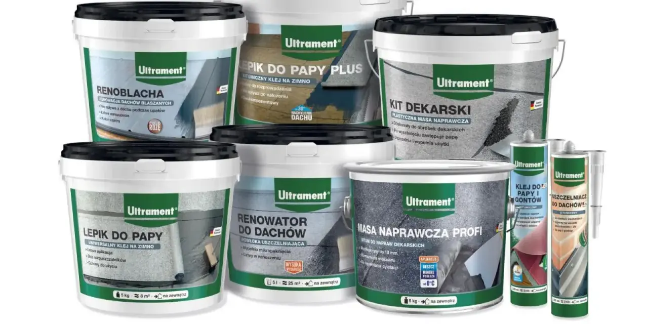 Zestaw produktów Ultrament: masy naprawcze, lepiki i uszczelniacze na bazie bitumu do dachów.