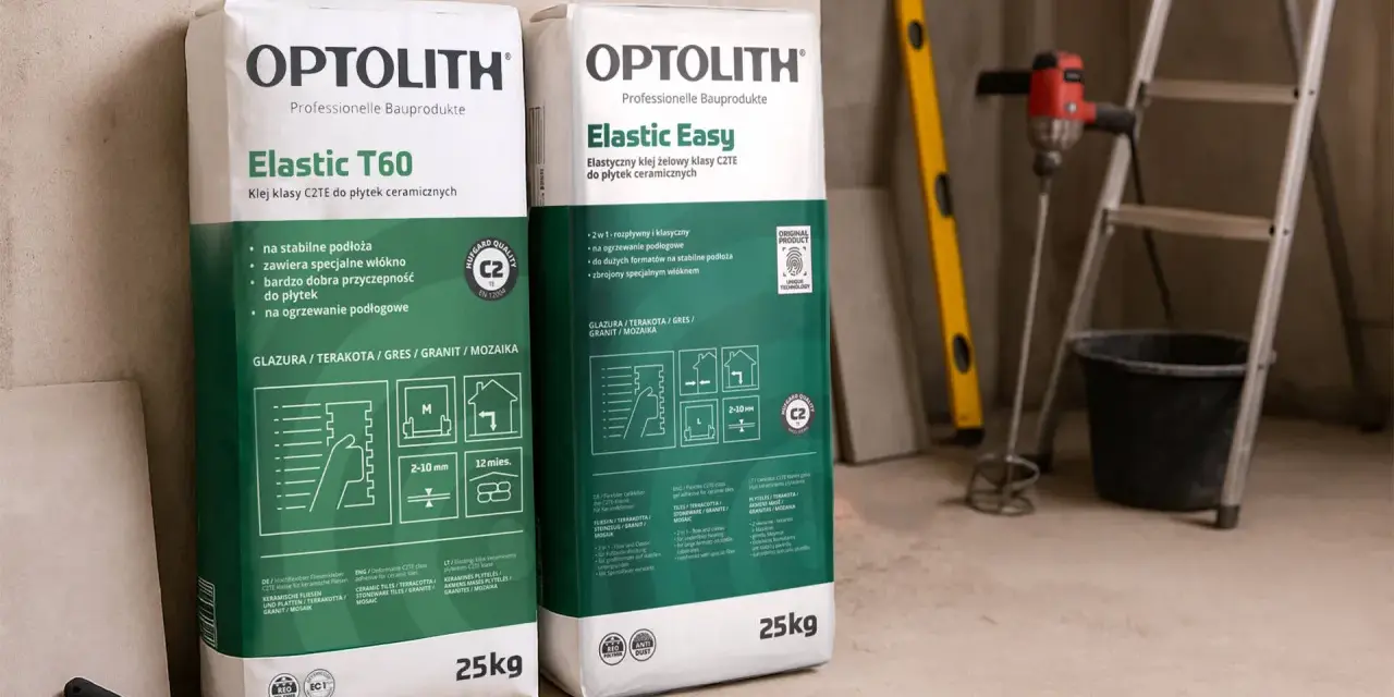 Dwa worki kleju do płytek Optolith Elastic T60 i Elastic Easy. Idealny klej do płytek ceramicznych na ogrzewanie podłogowe.