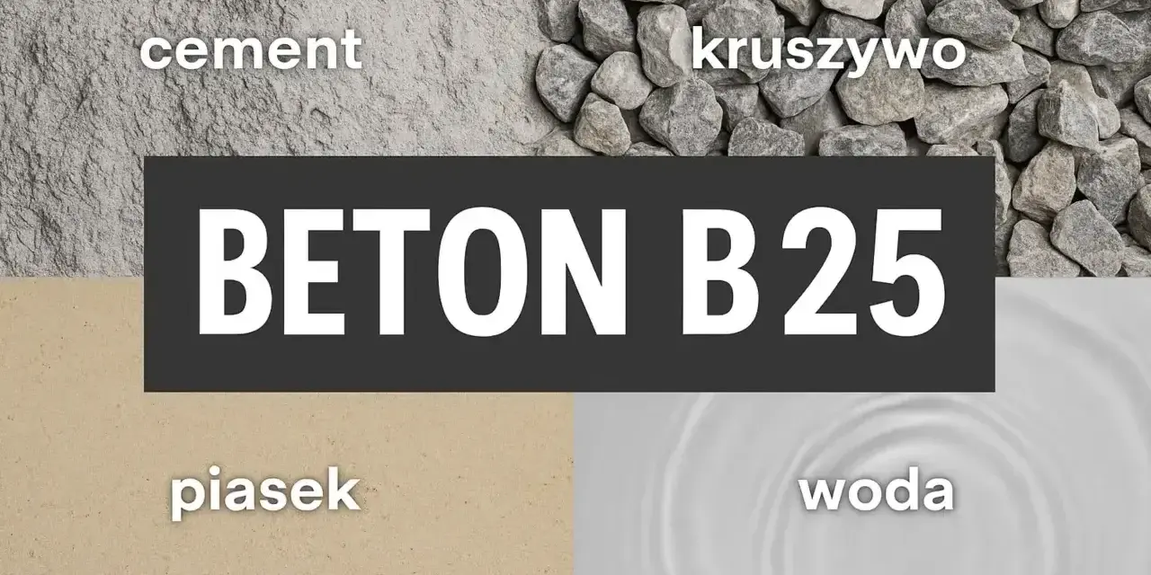 Składniki do zrobienia betonu B25: cement, kruszywo, piasek i woda.