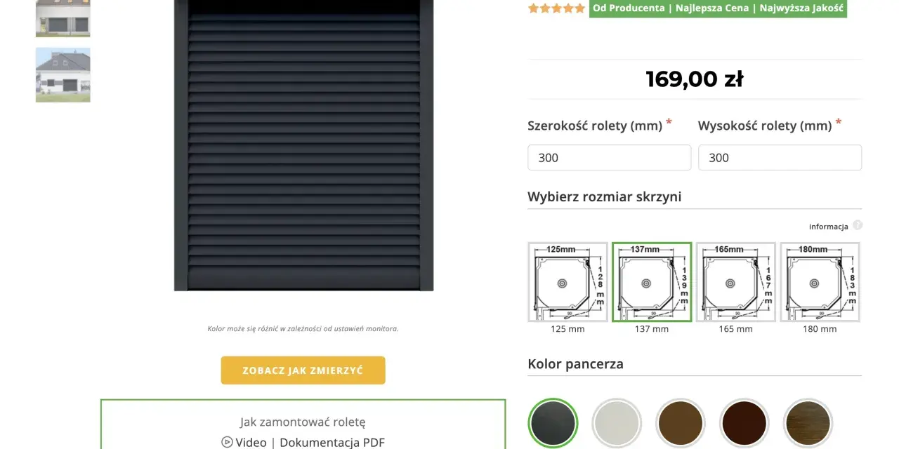 Roleta zewnętrzna antracytowa, cena za m2. Wybierz wymiary i kolor pancerza.