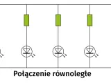 Schemat połączenia równoległego pięciu diod LED z rezystorami. Każda dioda świeci niezależnie.