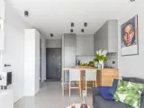 Nowoczesne wnętrze: jak urządzić mały salon z aneksem. Szara kuchnia, drewniany blat, wygodna sofa i stylowe dodatki.
