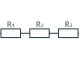 Schemat obwodu elektrycznego z trzema rezystorami R1, R2, R3 połączonymi szeregowo.
