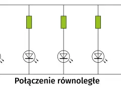 Schemat połączenia równoległego pięciu diod LED z rezystorami. Każda dioda świeci niezależnie.