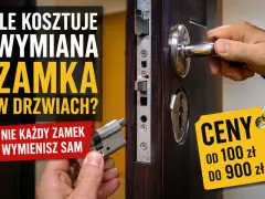 Wymiana zamka w drzwiach. Dwie dłonie trzymają nowy zamek i klamkę, obok żółta metka z cenami.