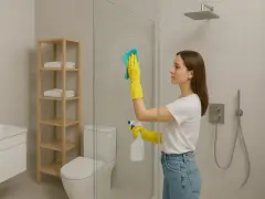 Kobieta w żółtych rękawiczkach czyści szklaną kabinę prysznicową, używając niebieskiej ściereczki i sprayu. Dowiedz się, czym umyć kabinę prysznicową ze szkła, by lśniła czystością.