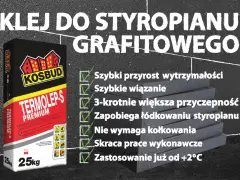 Jaki klej do styropianu? TERMOLEP-S PREMIUM KOSBUD - szybki, mocny, zapobiega łódkowaniu. Idealny do grafitowego styropianu.