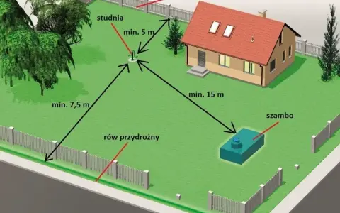 Schemat rozmieszczenia studni głębinowej i szamba na działce. Określa minimalne odległości od domu, granicy działki i rowu. Pozwala oszacować studnia głębinowa koszt.