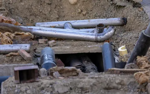 Metalowe rury tworzą skomplikowane przyłącze kanalizacyjne w wykopie. Widać fragmenty izolacji i gruzu.