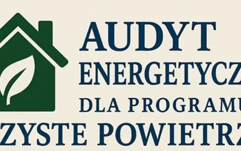 Zielony dom z liściem symbolizuje audyt energetyczny dla programu Czyste Powietrze.