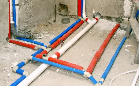 Skomplikowana instalacja wodna z rurami w kolorach czerwonym, niebieskim i białym, przygotowana do tynkowania.