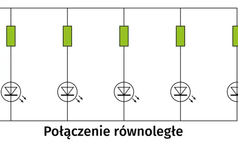 Schemat połączenia równoległego pięciu diod LED z rezystorami. Każda dioda świeci niezależnie.