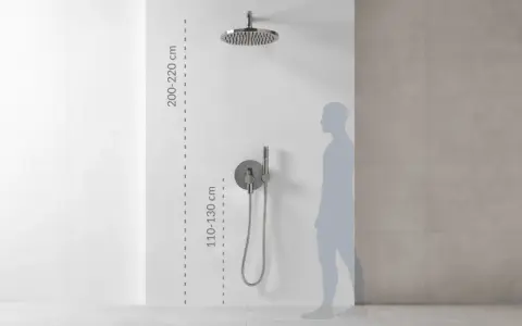 Instrukcja montażu baterii prysznicowej: wysokość deszczownicy 200-220 cm, baterii 110-130 cm.