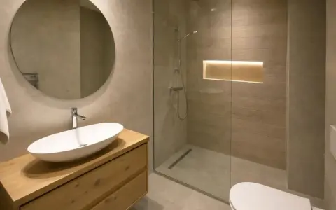 Ciepła, subtelna barwa światła w łazience podkreśla drewniane akcenty i tworzy relaksującą atmosferę.